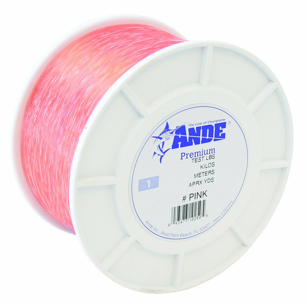 ANDE premium monofilament line pink 20lb spool close-up highlighting knot strength