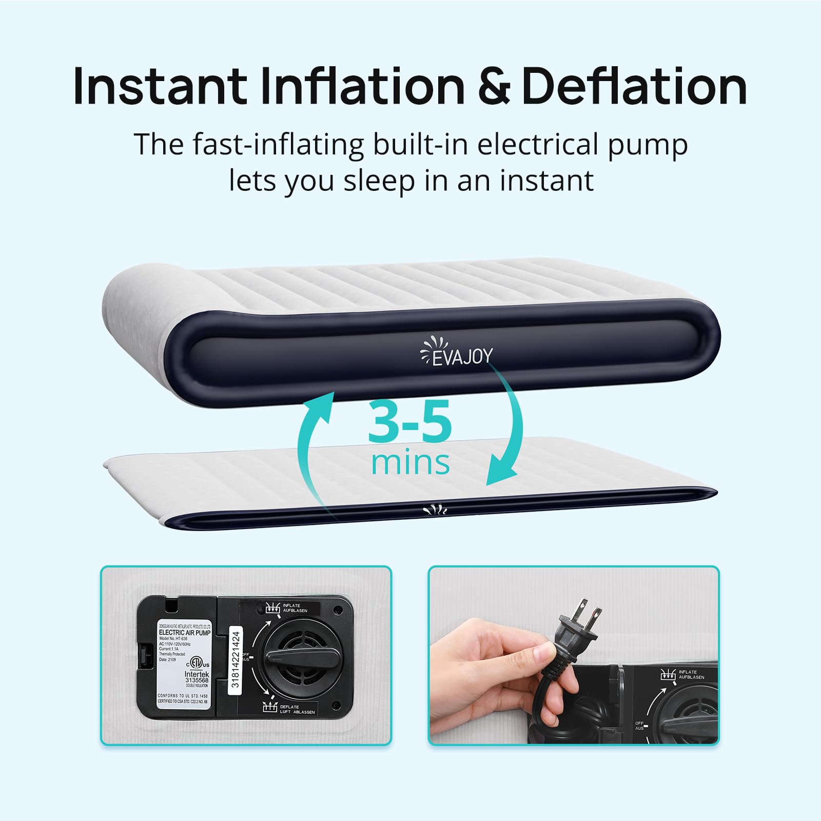 Andola Air Mattress Queen inflated to 90in by 60in by 17in for spacious sleep.