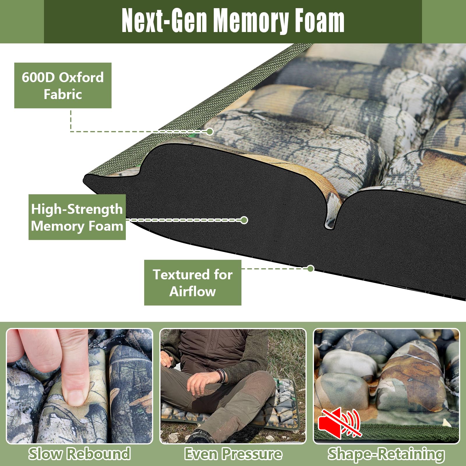 ANGAR seat cushion with silent camouflage fabric reduces noise during stalking