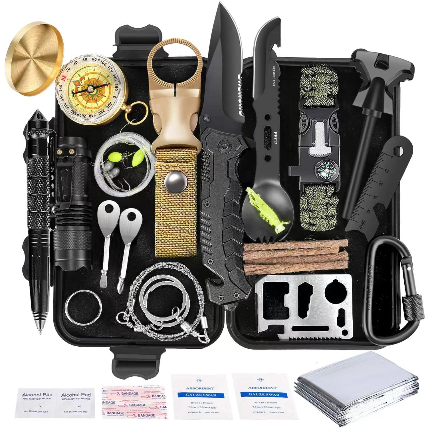 Angieast survival kit 35-in-1 case shows compact emergency tools for camping and hiking.