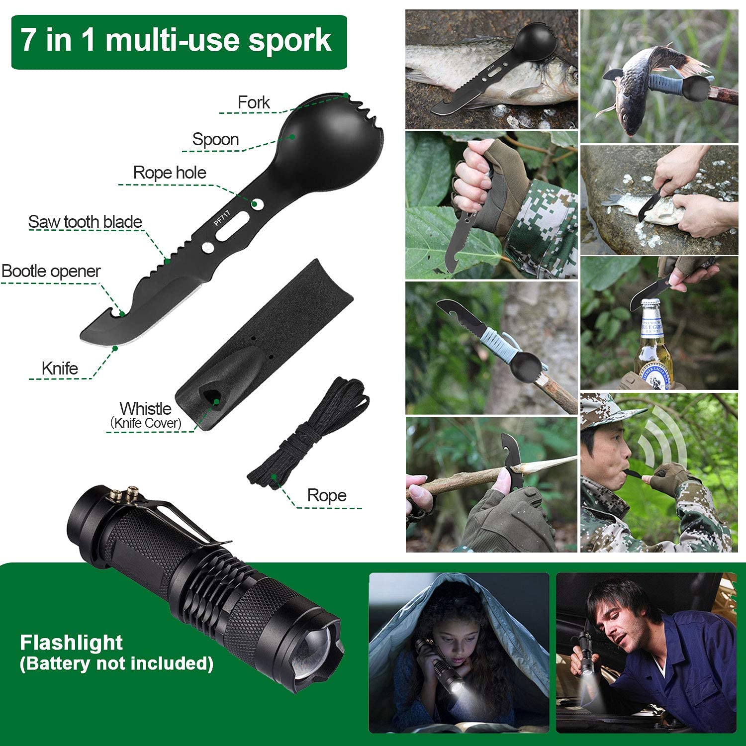 Angieast survival kit flashlight illuminates trails and campsites in low light.