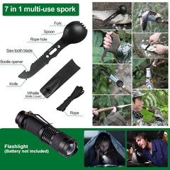 Angieast survival kit flashlight illuminates trails and campsites in low light.