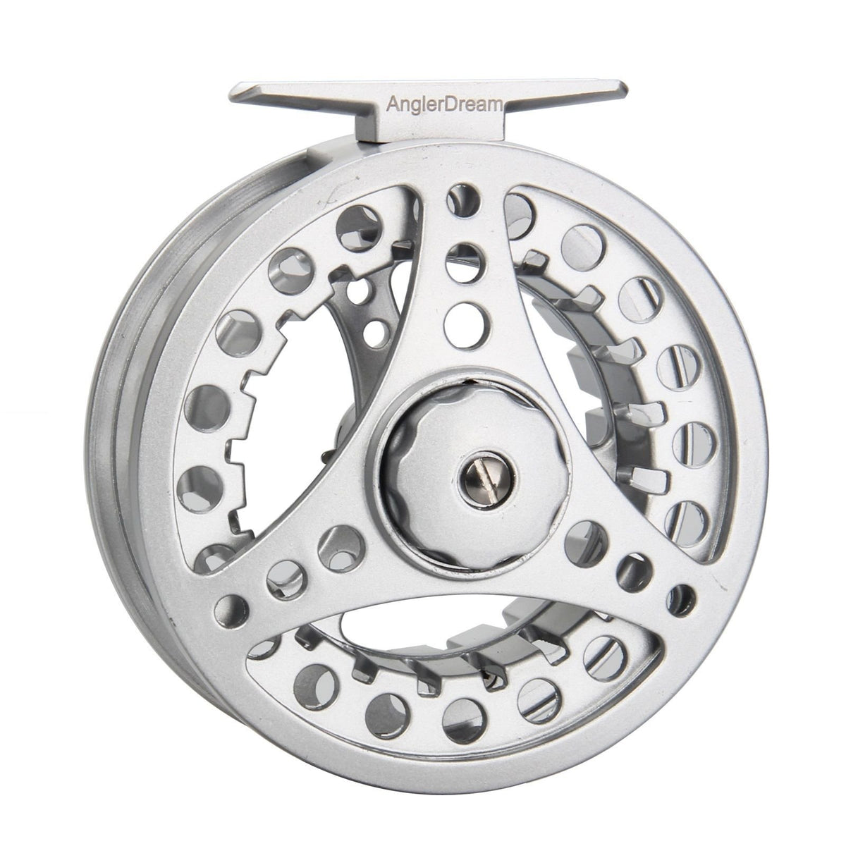 Angler Dream Silver/Black reel front view highlights sturdy aluminum alloy for durable performance.