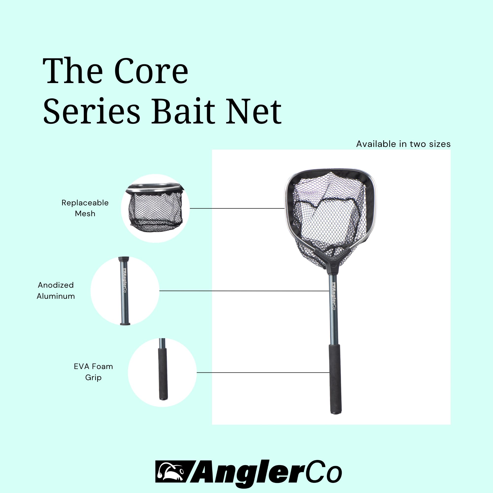 AnglerCo Core Series Bait Net shows 10-inch hoop for controlled bait transfer