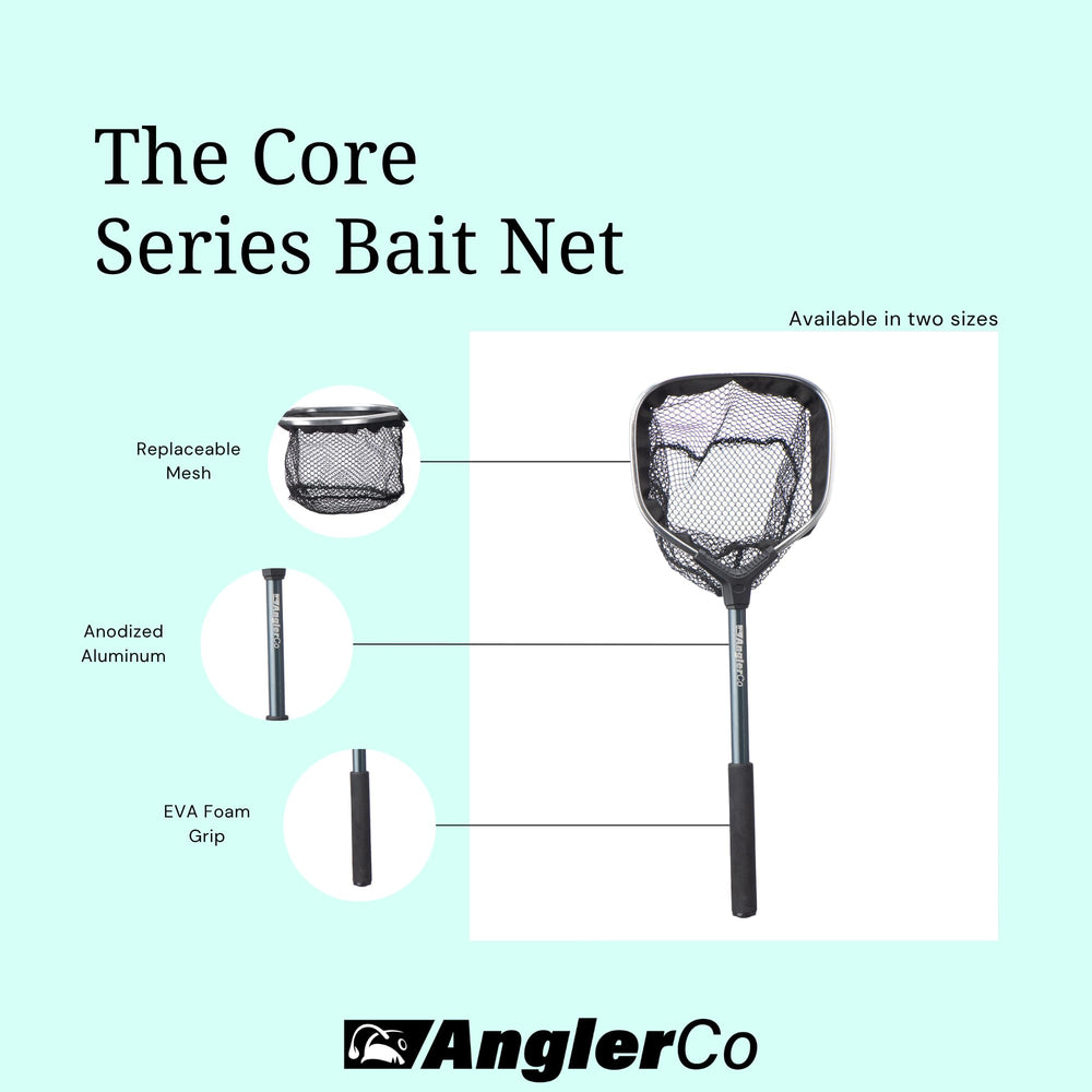 AnglerCo Core Series Bait Net shows 10-inch hoop for controlled bait transfer