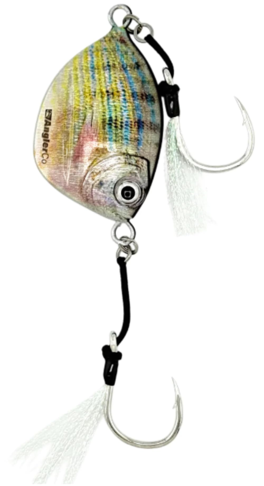 Side view of AnglerCo Imposter Jig pinfish pattern 100g