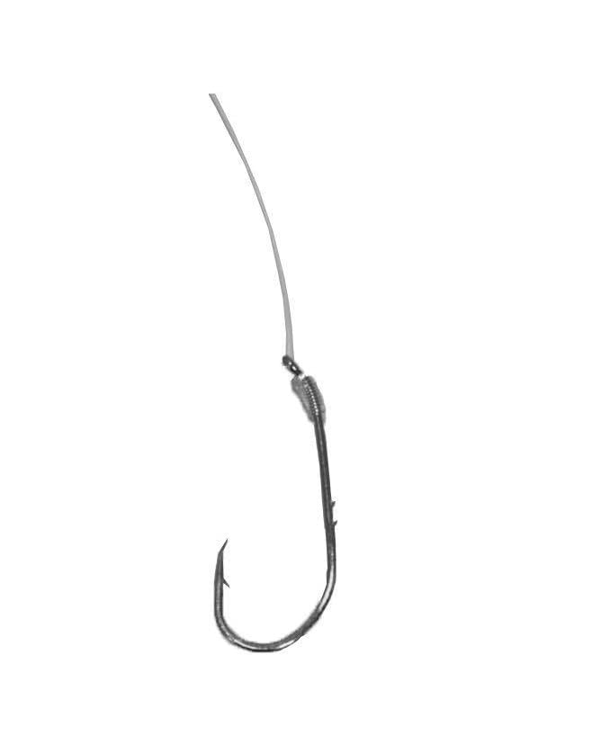 Angler’s Grotto snelled offset hook closeup with strong 7-inch leader for fast rigging.