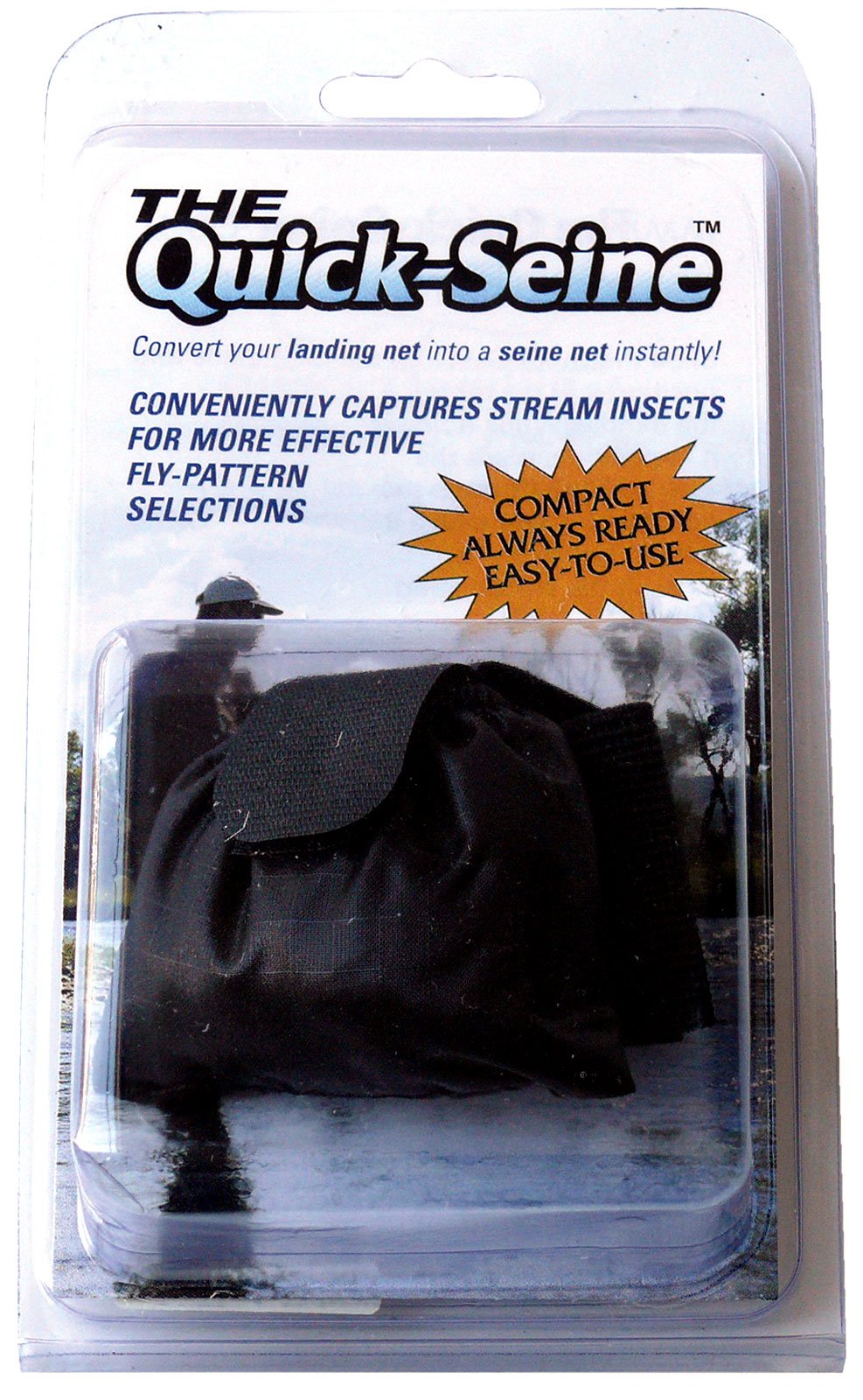 Compact white Quick Seine stored in a pouch on the landing net handle
