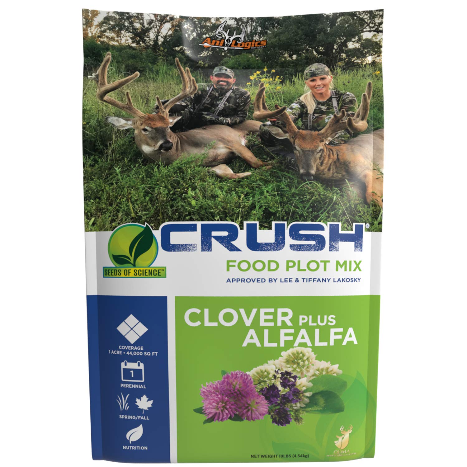 Ani-Logics Outdoors Crush Clover Plus Alfalfa seed drawing deer and turkeys to a dense spring plot
