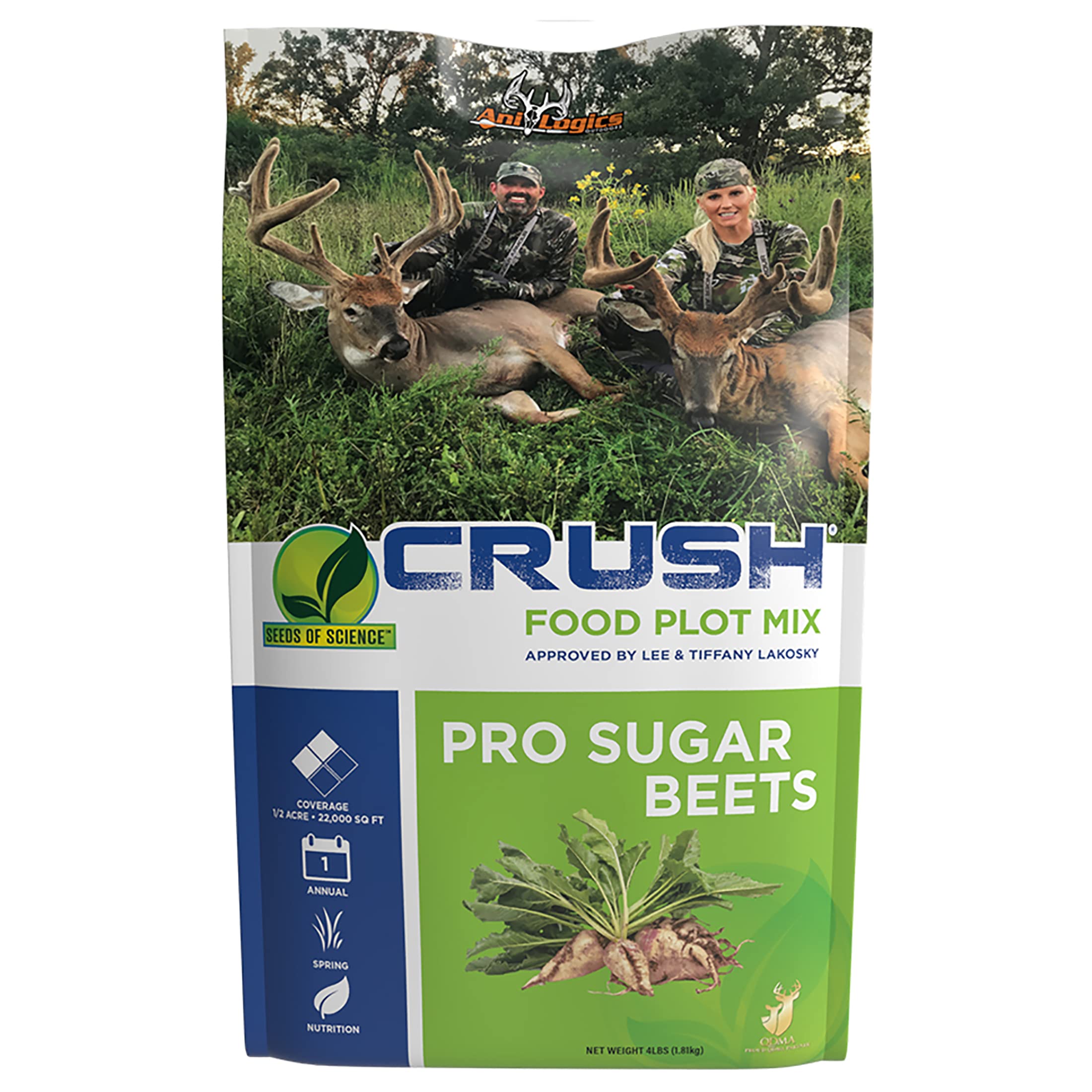 ani-logics-outdoors Crush Pro Sugar Beets seed bag ready for planting, attracting deer across seasons.