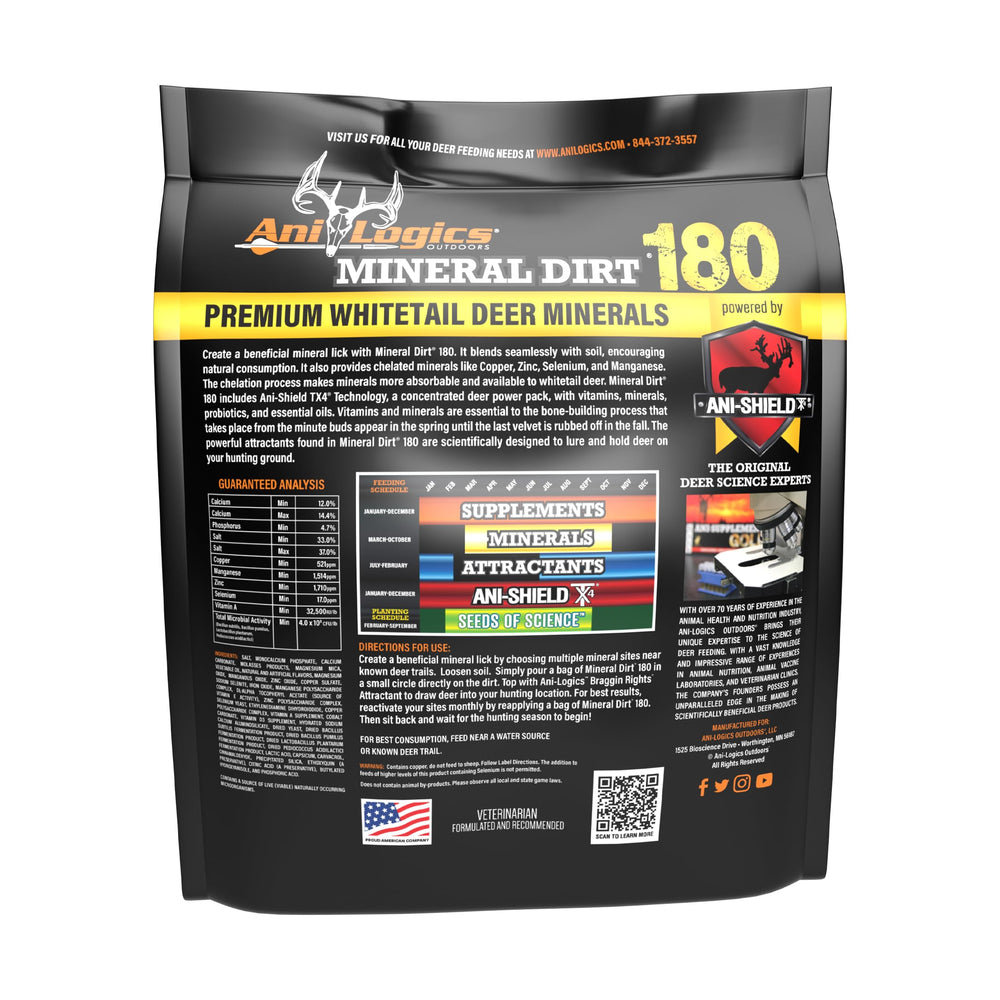 Ani-Logics Outdoors Mineral Dirt 180 open bag shows chelated minerals