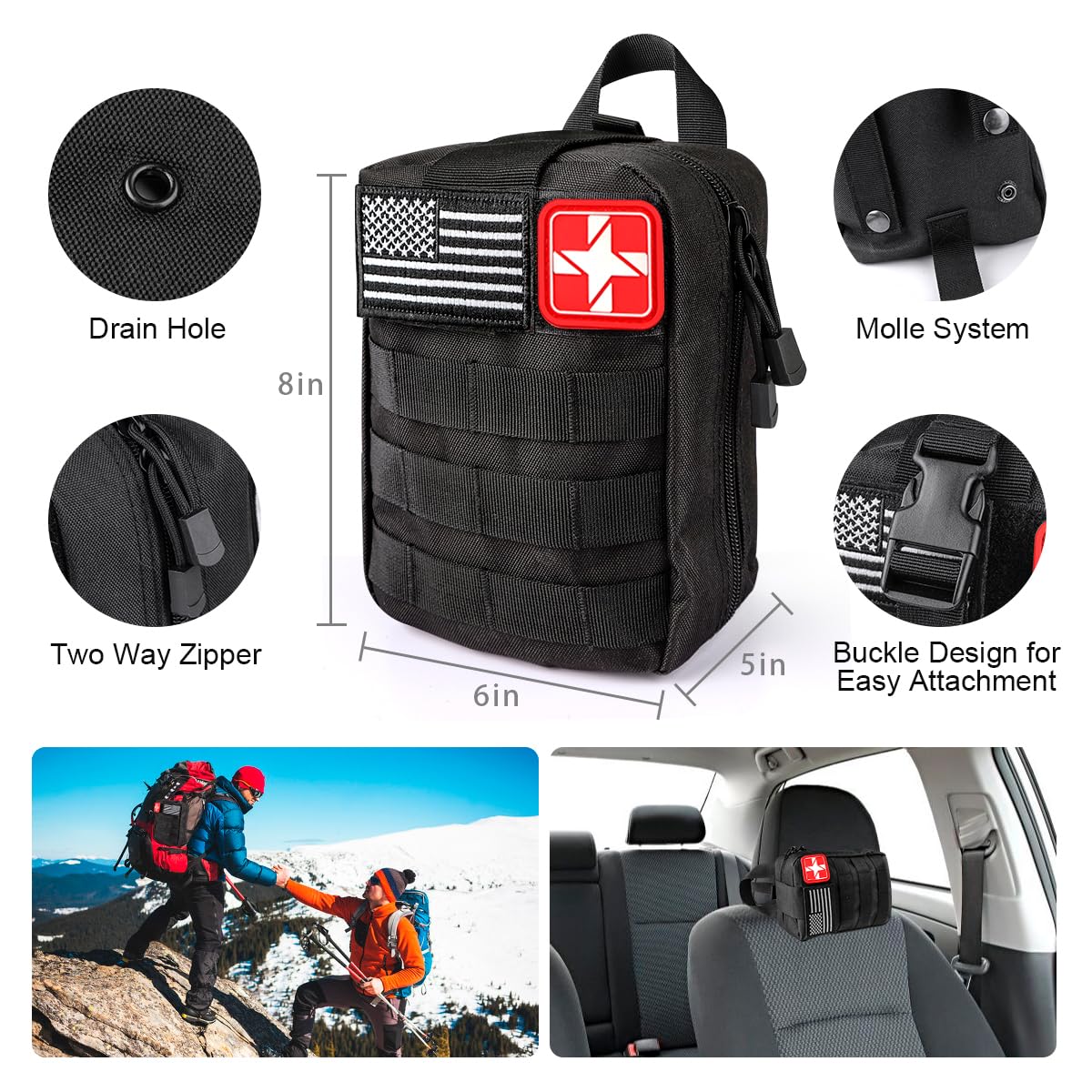 ANJIME Survival Kit MOLLE system on backpack for versatile attachment