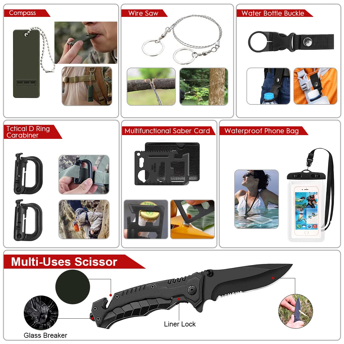 ANJIME Survival Kit multifunctional tools including hatchet for outdoor tasks