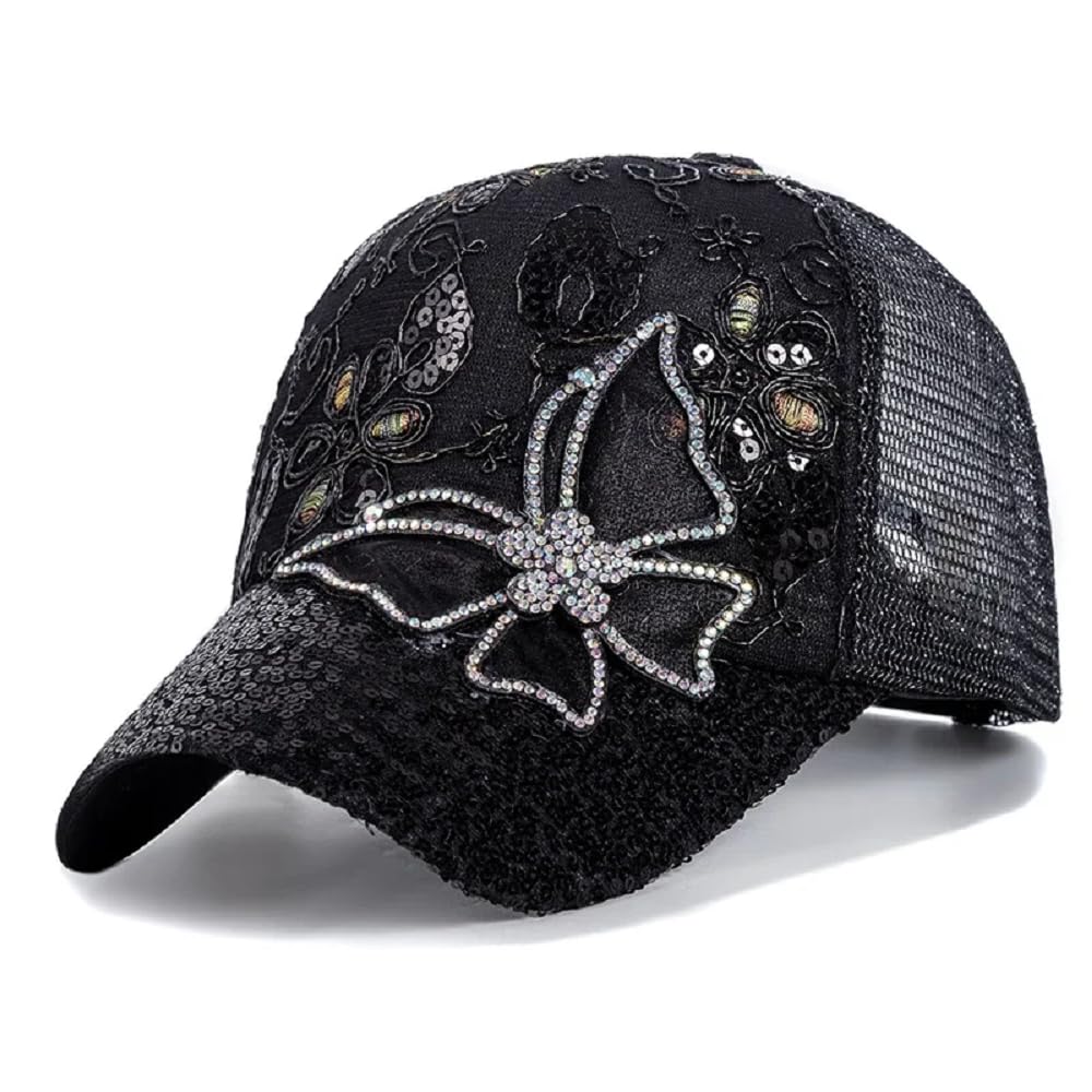 ANKOMINA butterfly cap front view with sparkly sequins, ideal for outdoor looks.
