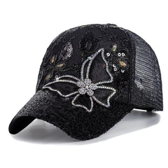 ANKOMINA butterfly cap front view with sparkly sequins, ideal for outdoor looks.