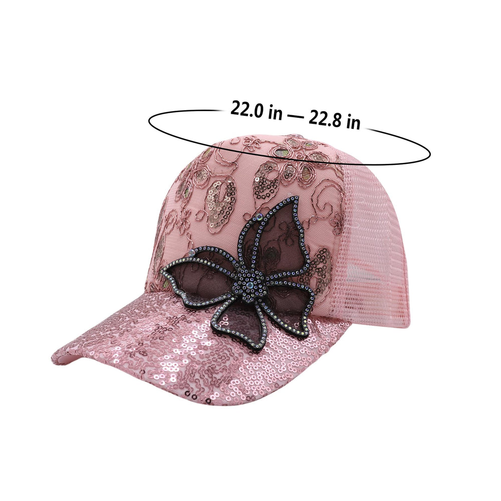 ANKOMINA pink butterfly cap on display, sparkly rhinestone accents
