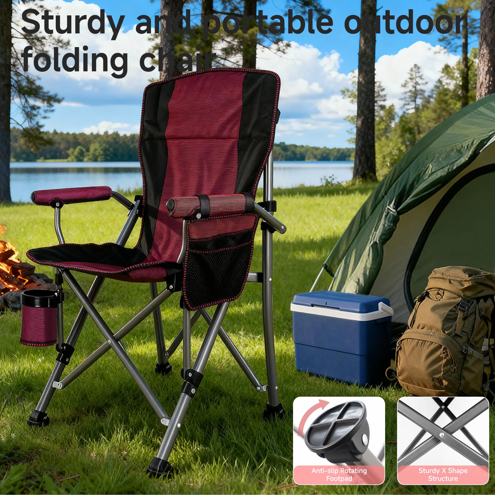 Anmiro folding camping chair x-shape frame boosts stability on varied terrain.