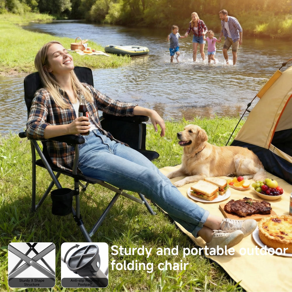 Anmiro chair with rotating feet stabilizes on varied outdoor surfaces.
