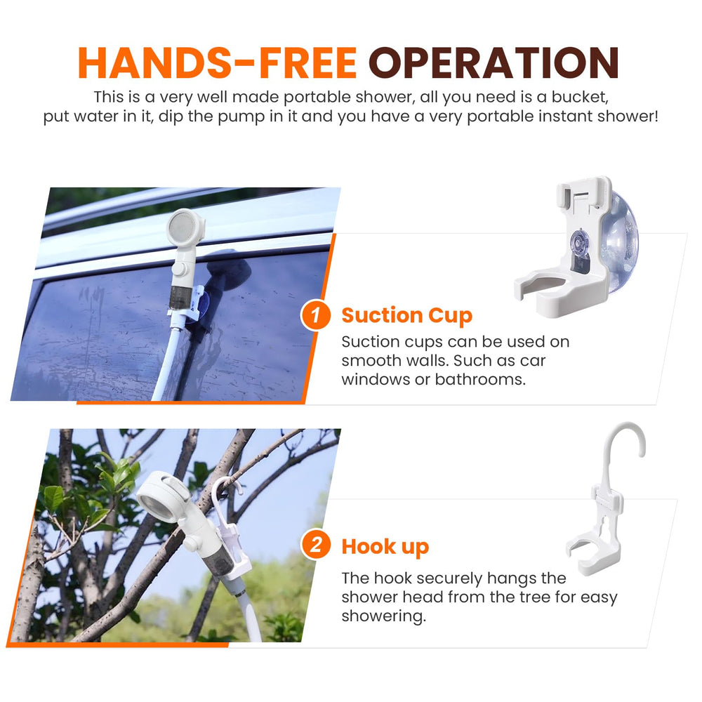 Ann Katy high-pressure spray gun attached to camping shower
