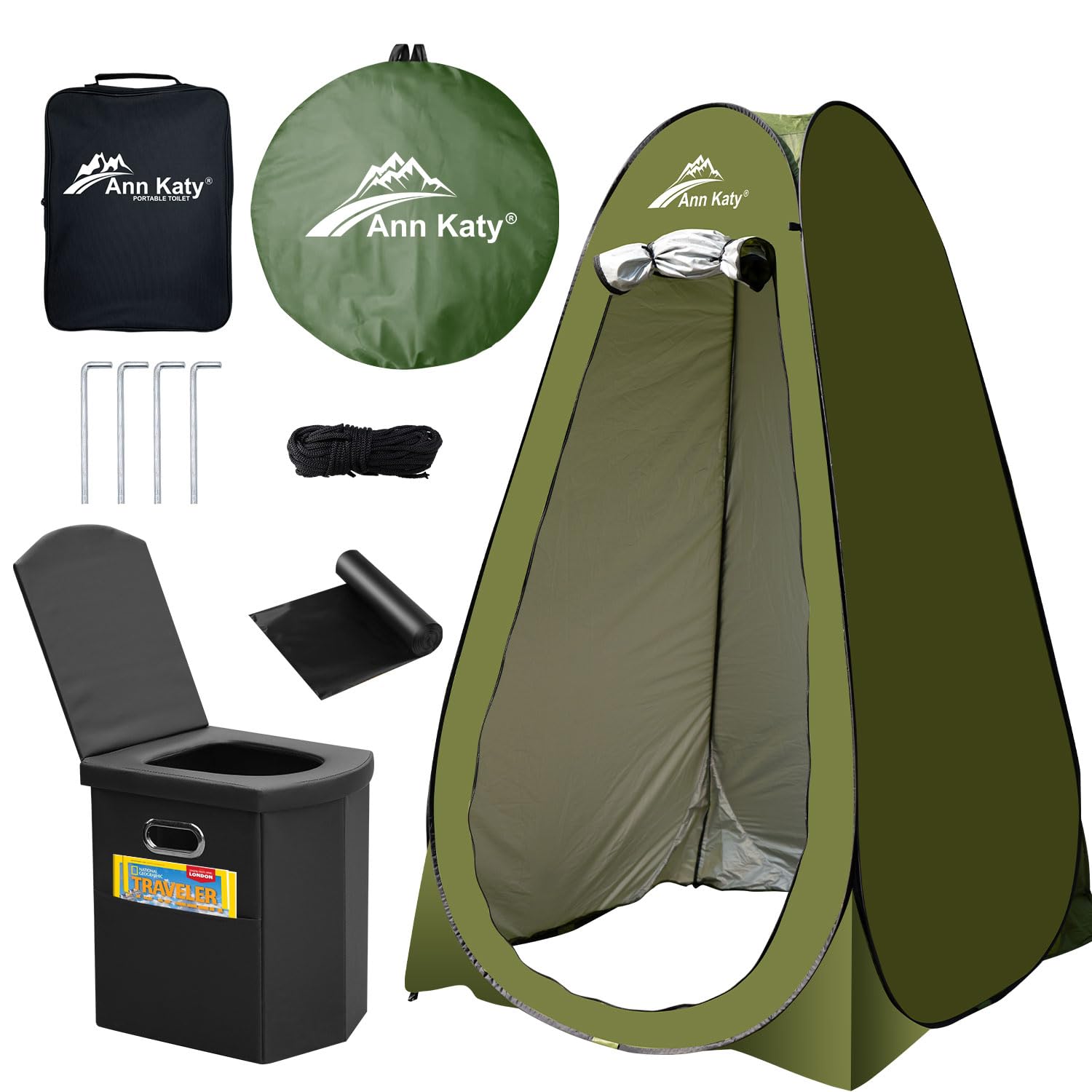 Ann Katy portable toilet folded for compact travel.