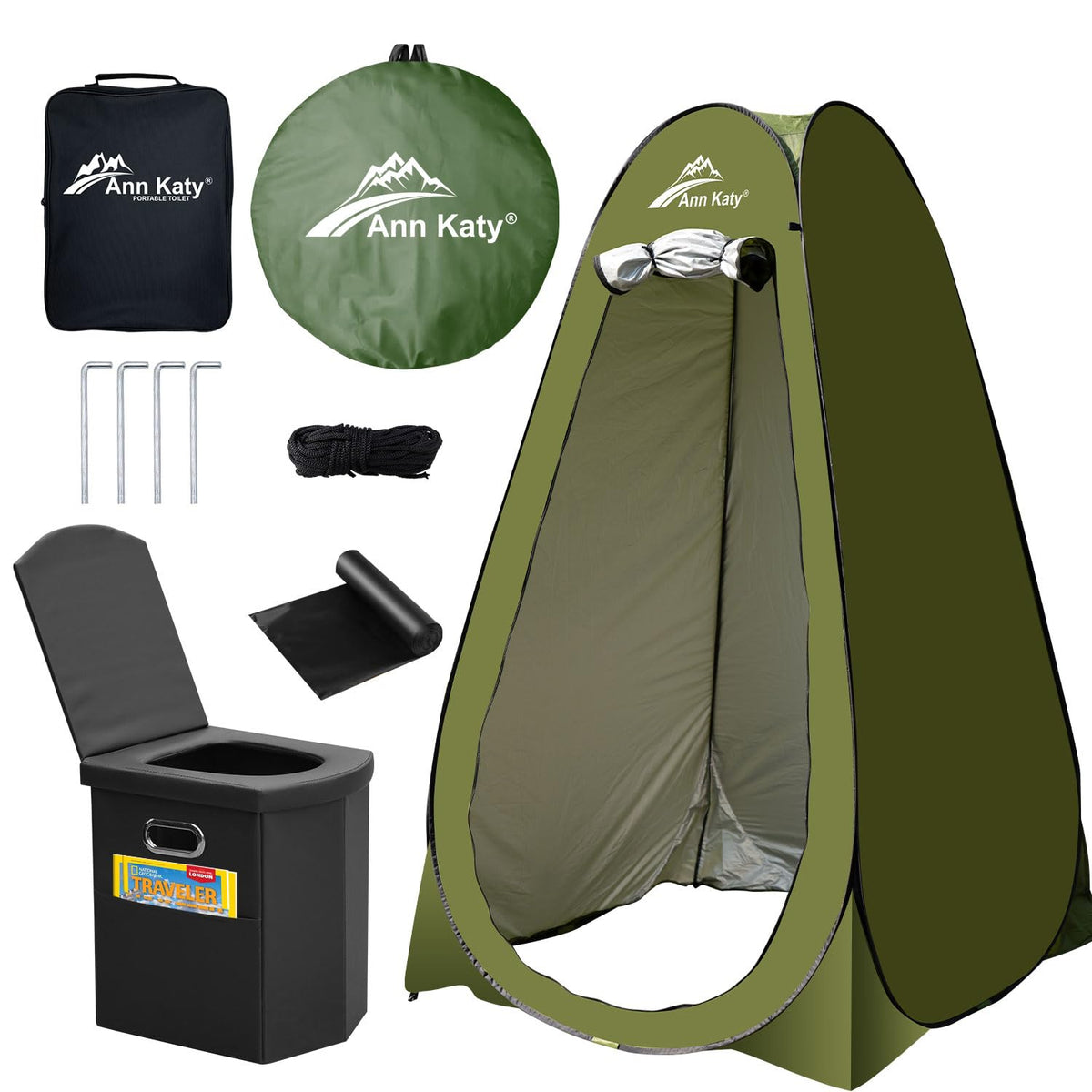 Ann Katy portable toilet folded for compact travel.