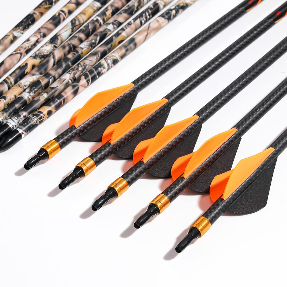 Annastar 400 spine arrows in camo with orange vanes for accuracy.