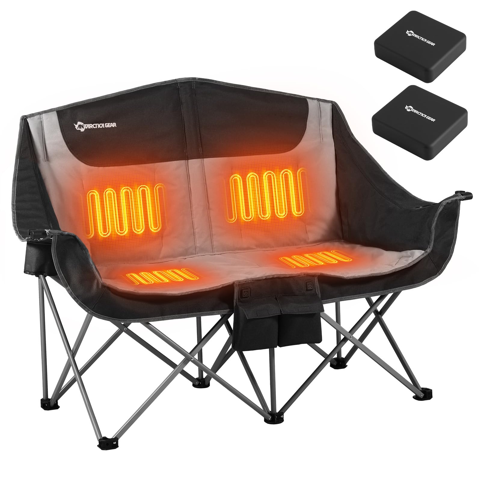 ANTARCTICA GEAR heated double camping chair in use delivering outdoor warmth.