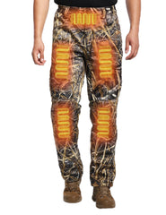 ANTARCTICA GEAR heated pants battery close-up shows power level for extended outdoor warmth.