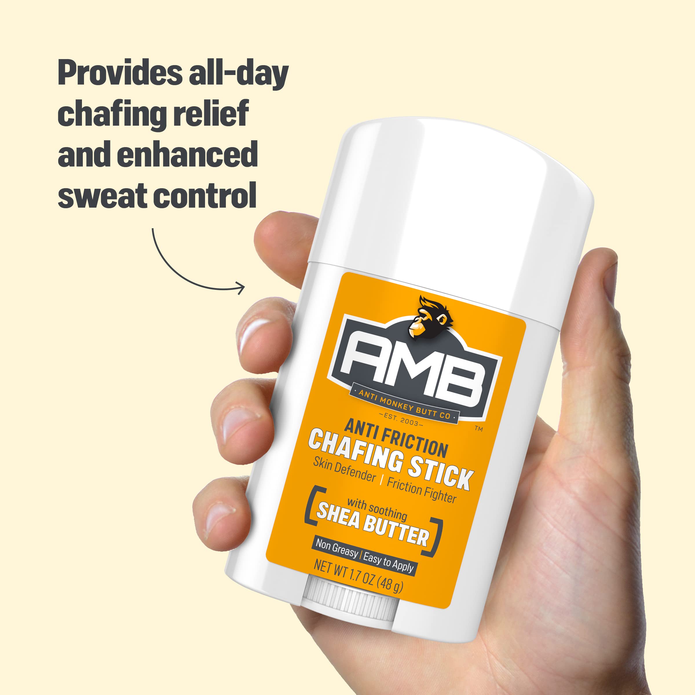 Anti Monkey Butt Anti-Chafing Stick applied underarm for all-day comfort.