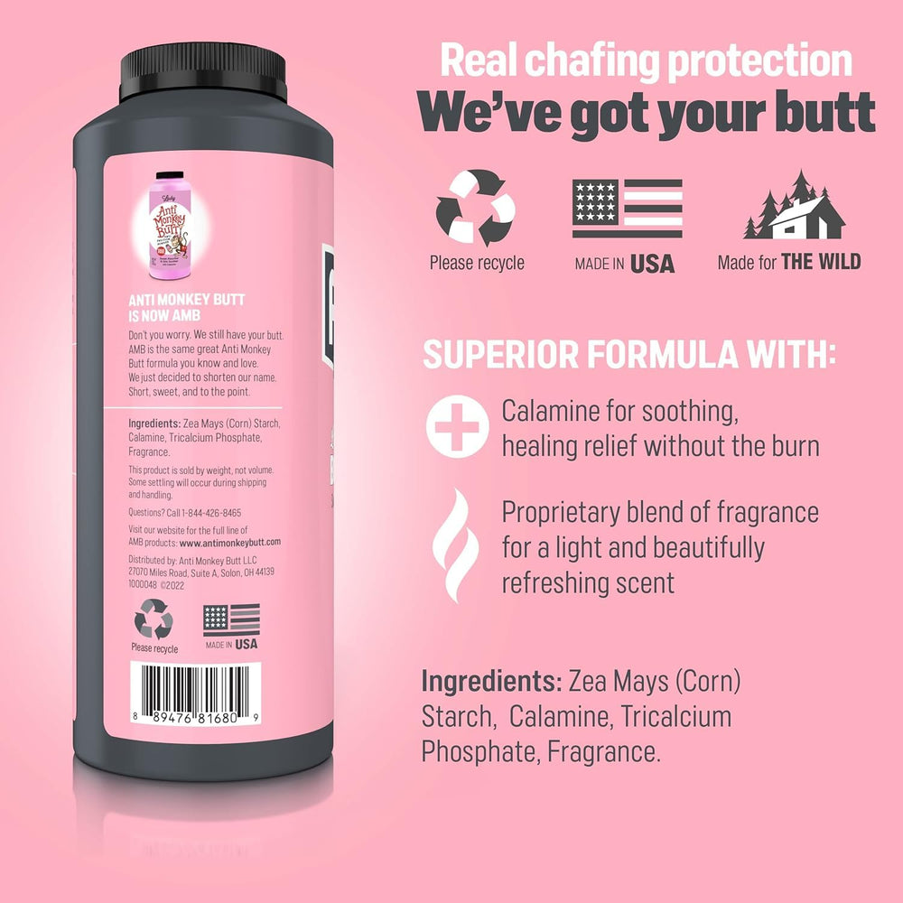 Applying Anti Monkey Butt powder to reduce friction on skin.