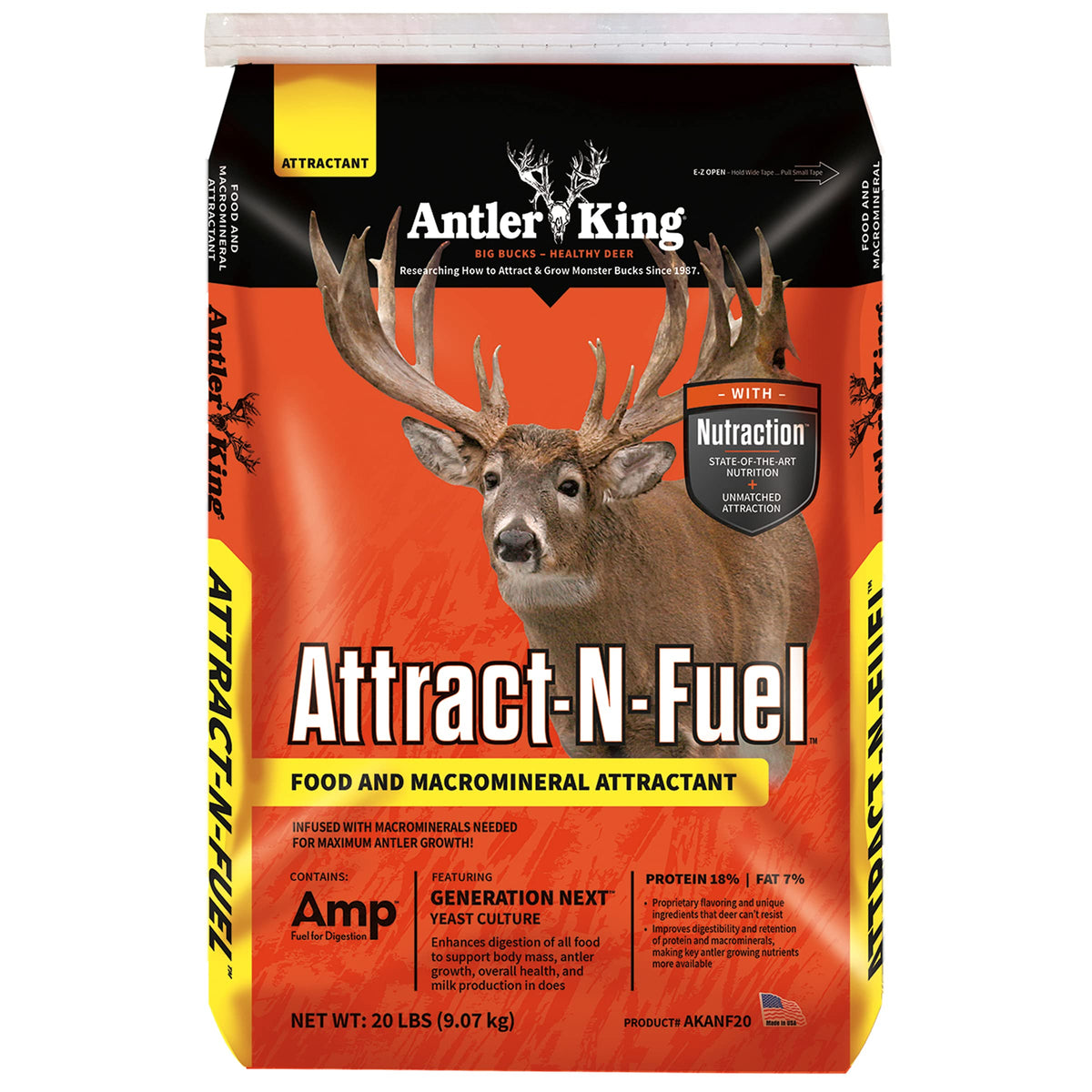 Antler King Attract-N-Fuel 20lb bag ready for year-round deer feeding.
