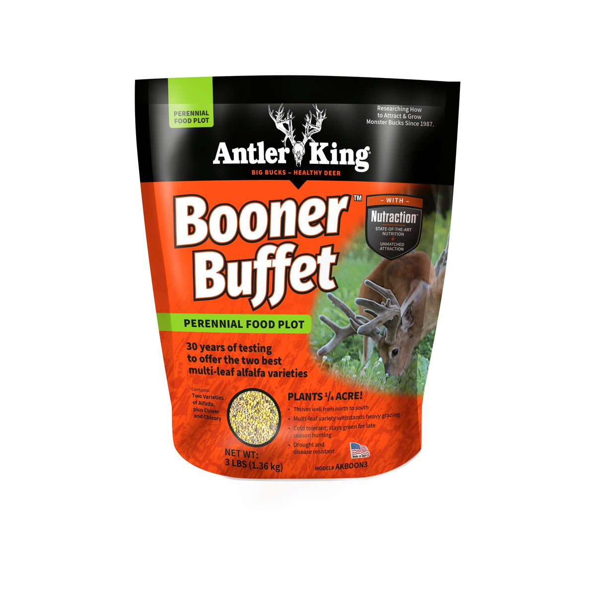 Antler King Booner Buffet bag showing the perennial forage mix for deer nutrition