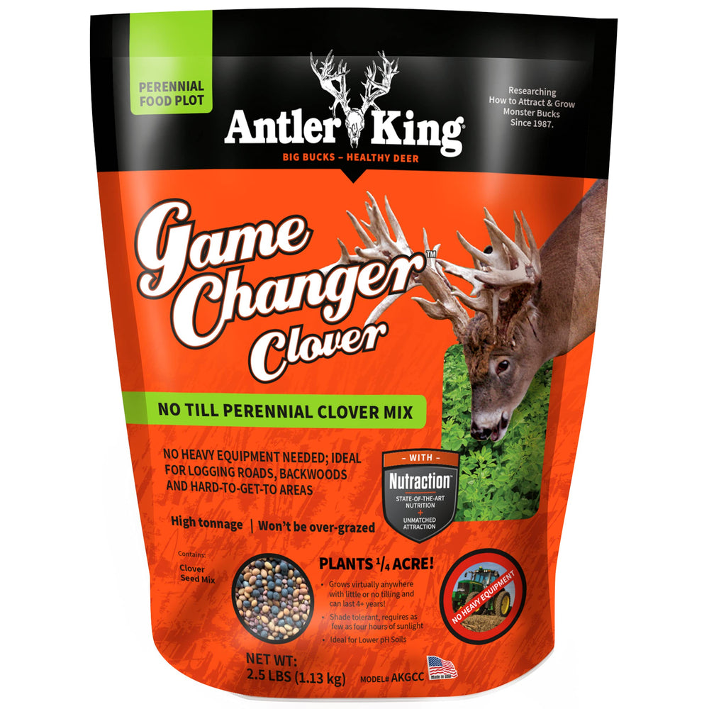 Antler King Game Changer Clover Mix seed bag showing diverse clover varieties for year-round forage