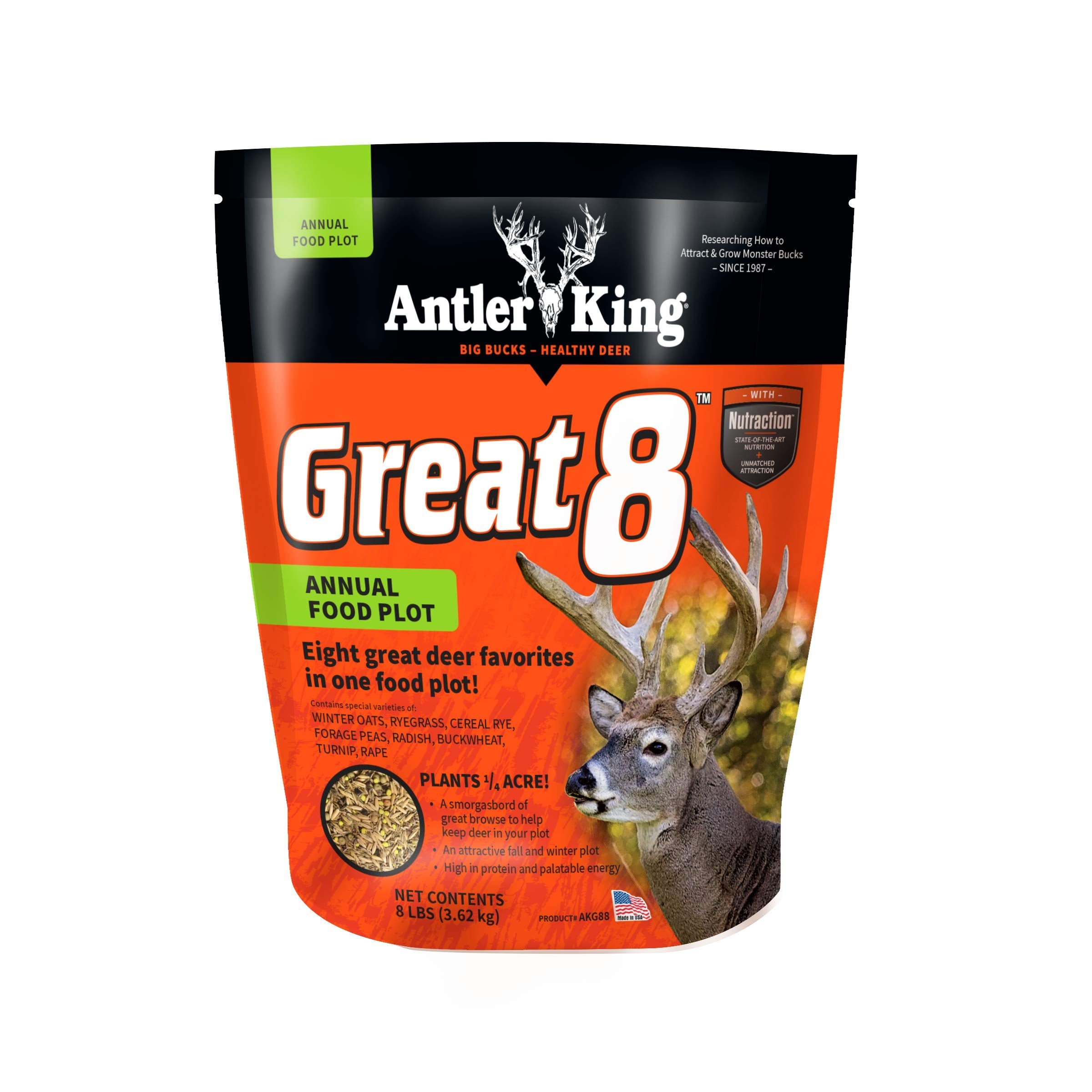 Antler King Great 8 seed mix bag boosts diverse forage for deer year-round.