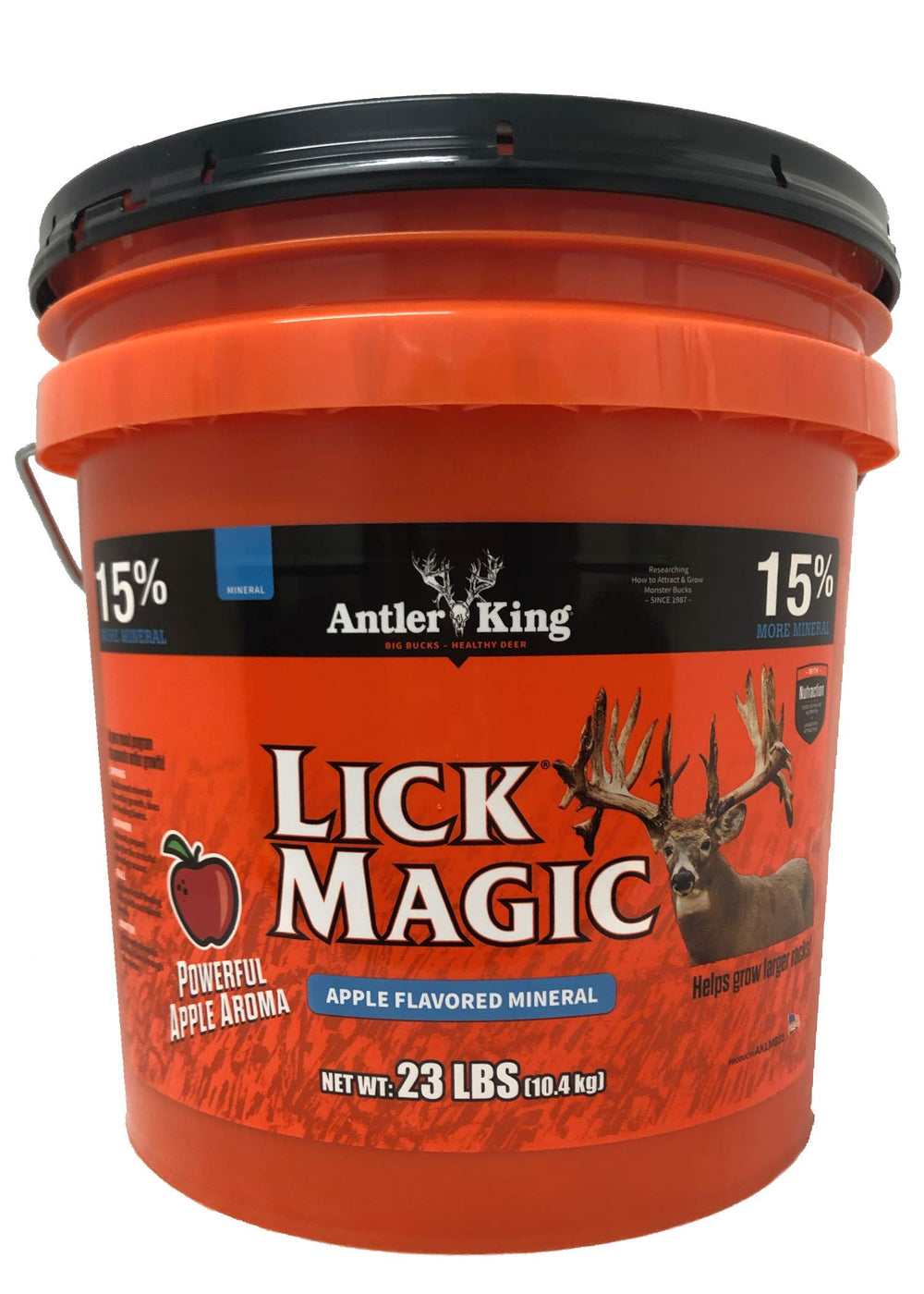 Antler King Lick Magic Apple Bucket shows minerals for deer attraction.