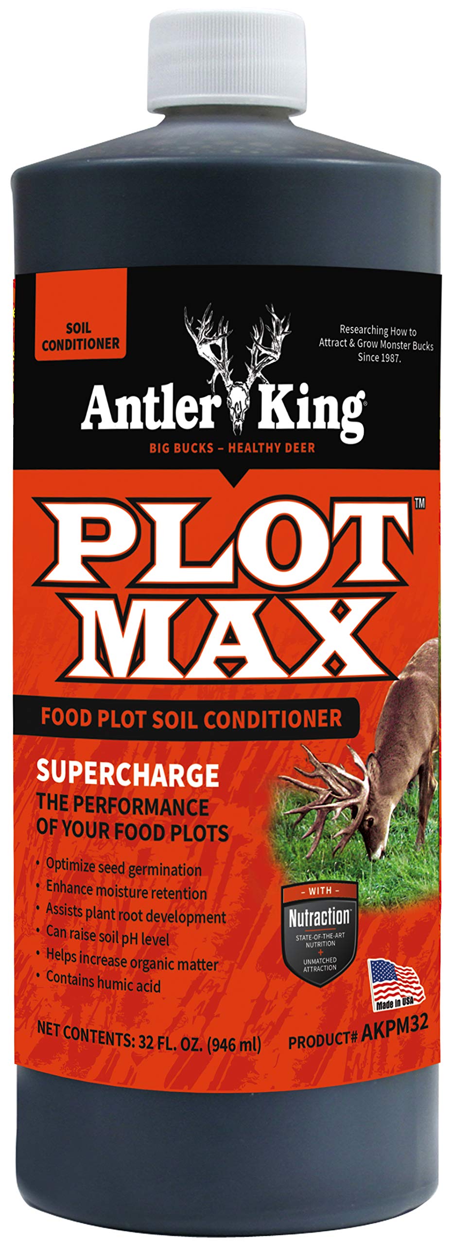 Antler King Plot Max 32oz bottle closeup showing compact packaging for convenient application