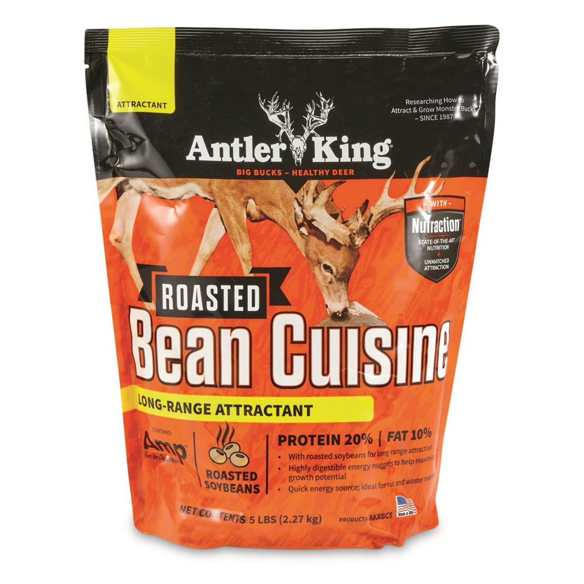 Antler King Roasted Bean Cuisine 5 lb bag attracting deer with roasted soy aroma for long-range attraction