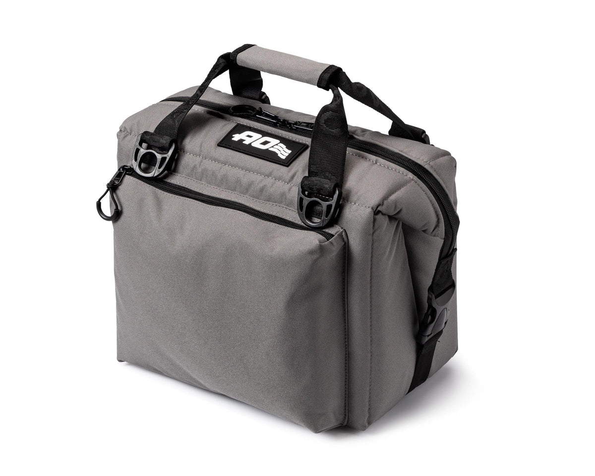 AO Coolers Caravan Canvas Soft Cooler Charcoal front view; 12-can capacity for boating trips.