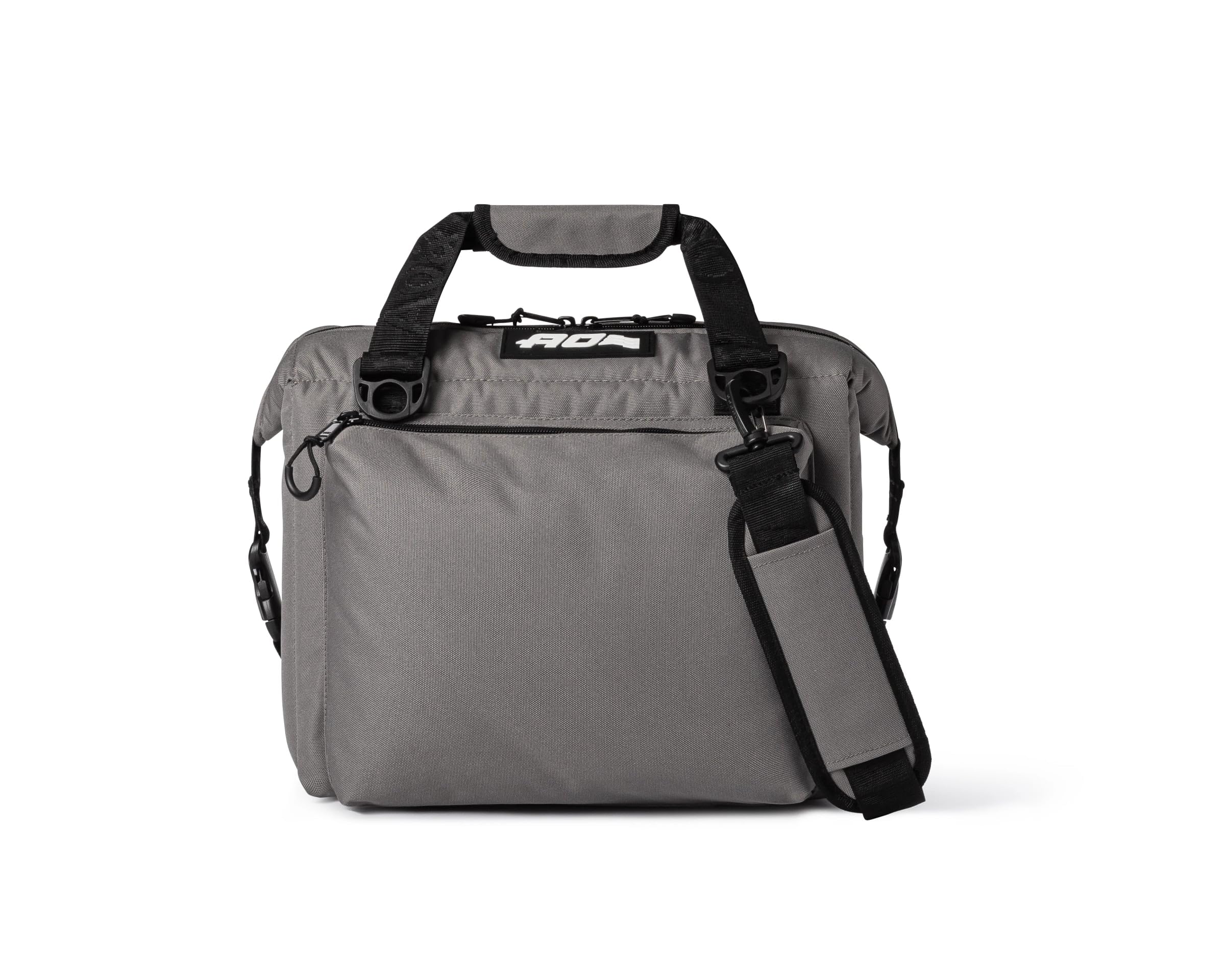 AO Coolers Caravan Canvas Soft Cooler Charcoal side pocket open; extra dry storage for snacks.