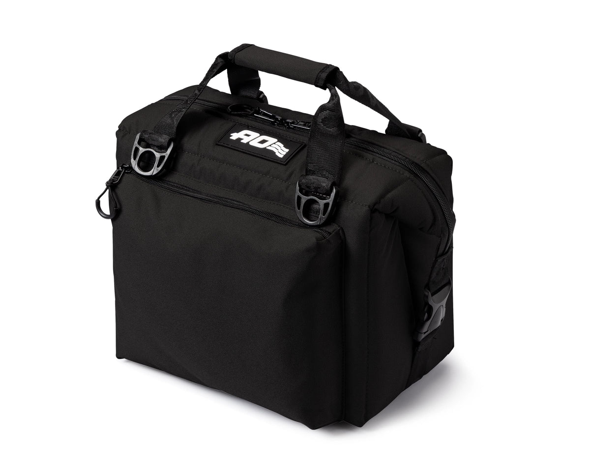AO Coolers Caravan Canvas Soft Cooler front view shows rugged black design for boating and picnics.