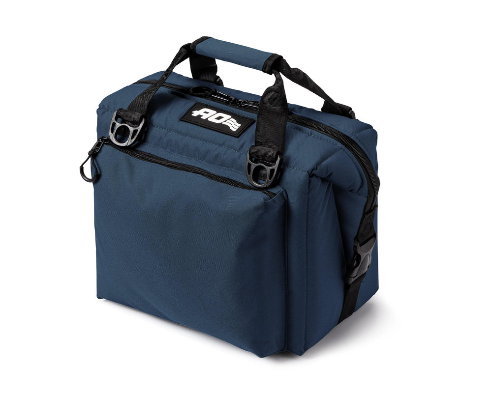 AO Coolers Caravan Canvas soft cooler in navy with lid open for easy access on boating.