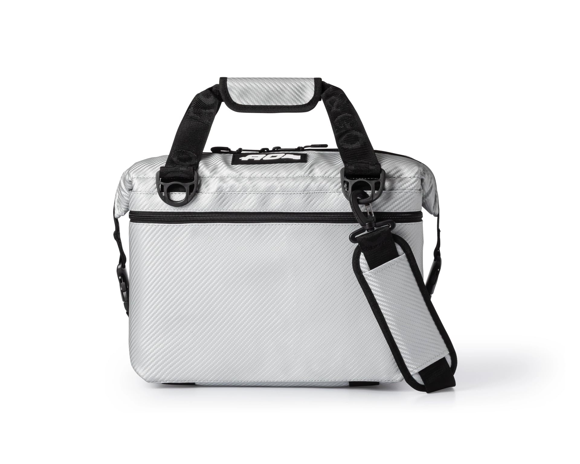 AO Coolers Expedition Carbon soft cooler in silver, closed for on-the-go cooling.