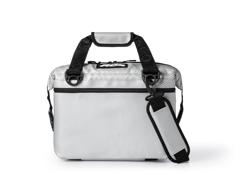 AO Coolers Expedition Carbon soft cooler in silver, closed for on-the-go cooling.