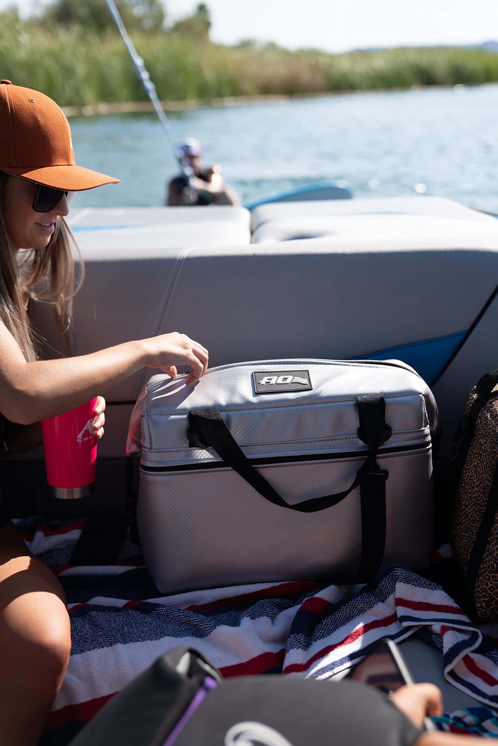 AO Coolers Expedition Carbon Soft Cooler ideal for boating adventures.