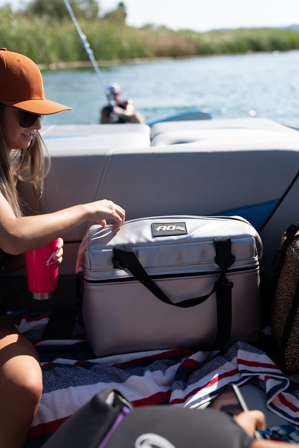 AO Coolers Expedition Carbon Soft Cooler ideal for boating adventures.