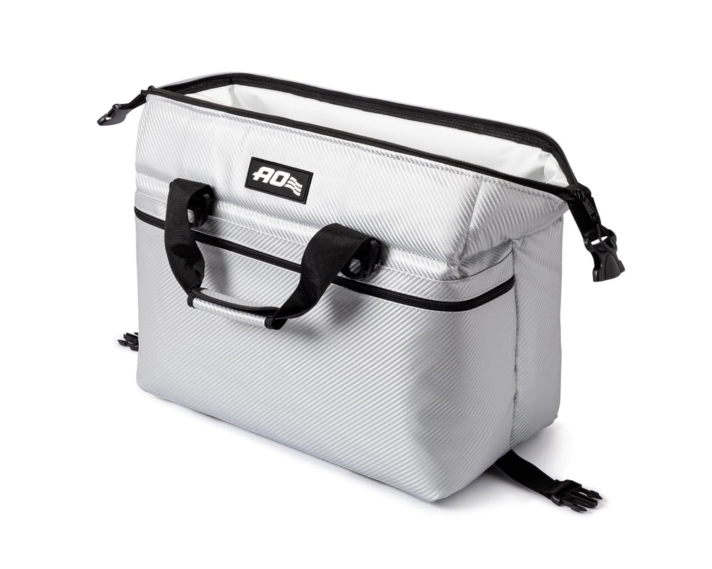 AO Coolers Expedition Carbon Soft Cooler open lid reveals easy access to beverages on the move.