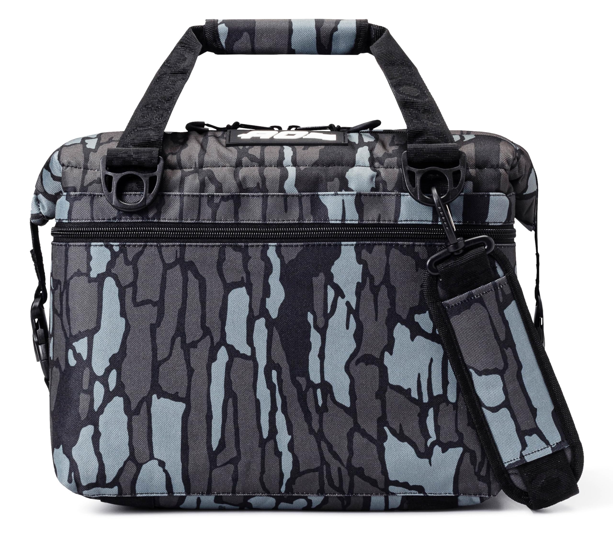 AO Coolers Mossy Oak TreBark 12-pack front view for rugged outdoor use.
