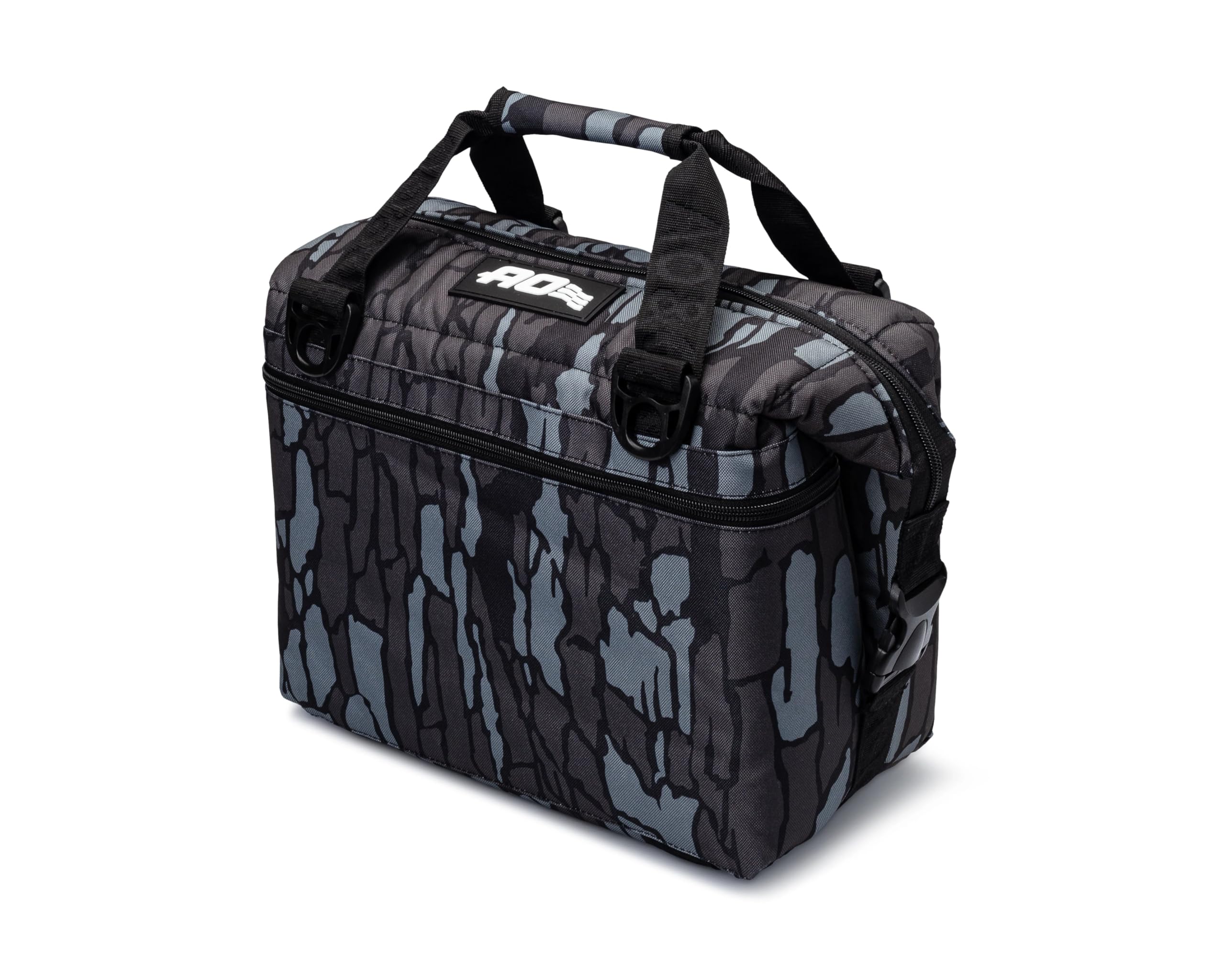 AO Coolers Mossy Oak TreBark 12-pack top view shows durable lid for outdoor cooling.