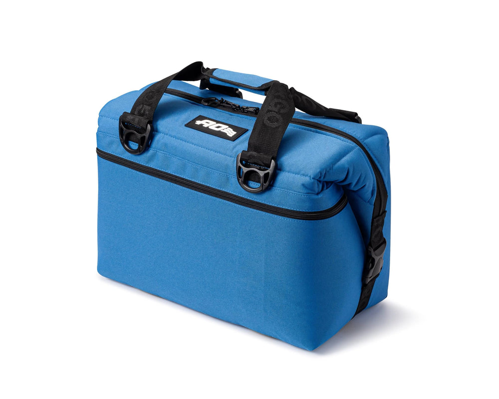 AO Coolers Original soft-sided cooler bag in royal blue side pocket offers extra storage on trips