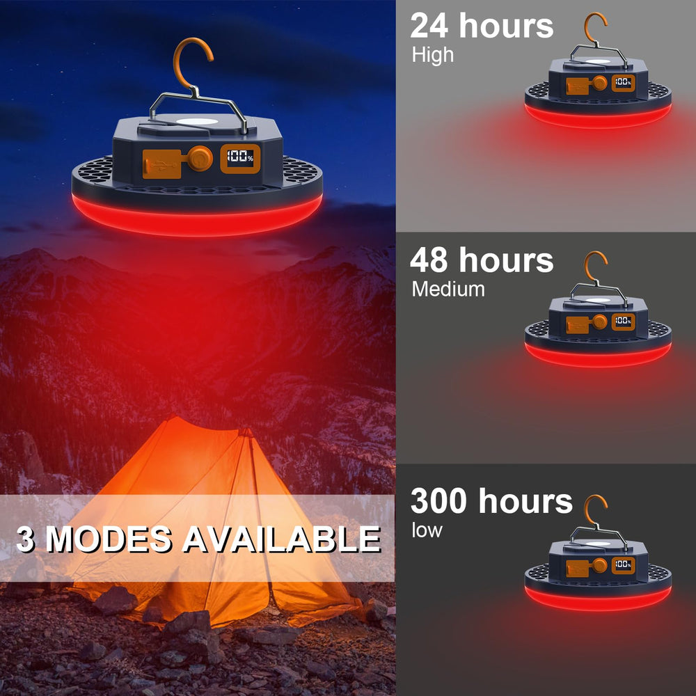 AODOO camping light showing 4000-lumen brightness in a dim campsite.